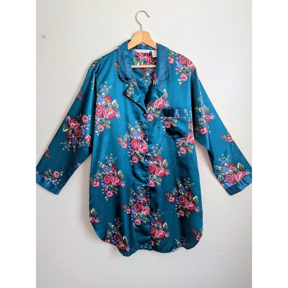 Vintage Teal Blue Satin Short Nightgown Sleep Shirt L Romantic Floral Button Up